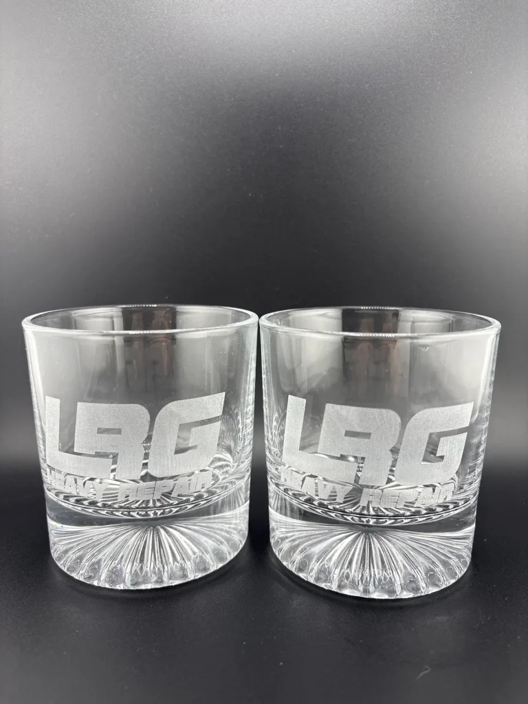 Custom whiskey glass engraving with matching LRG logo artwork in Ottawa