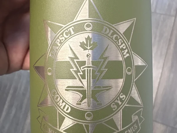 Military insignia laser engraving on green coated stainless steel tumbler in Ottawa