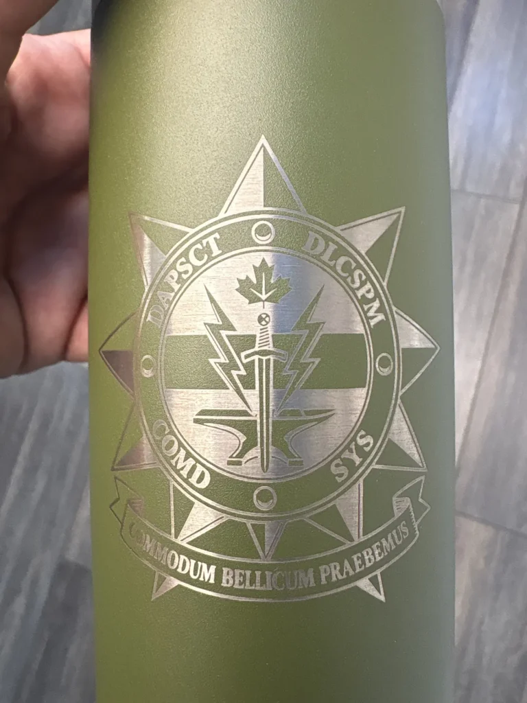 Military insignia laser engraving on green coated stainless steel tumbler in Ottawa