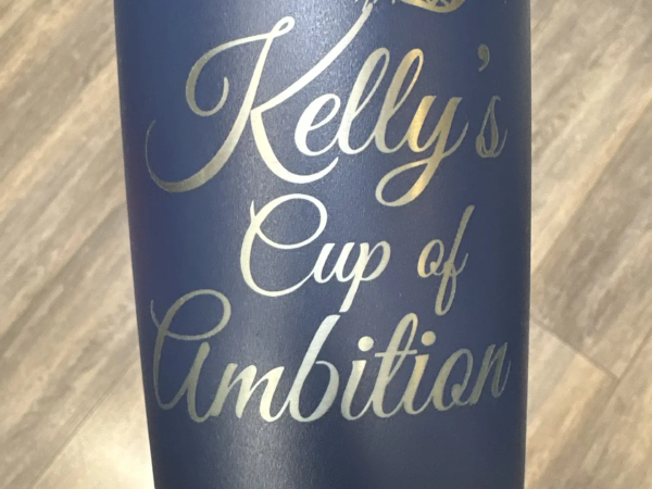 Personalized YETI tumbler engraving with custom text and butterfly artwork in Ottawa