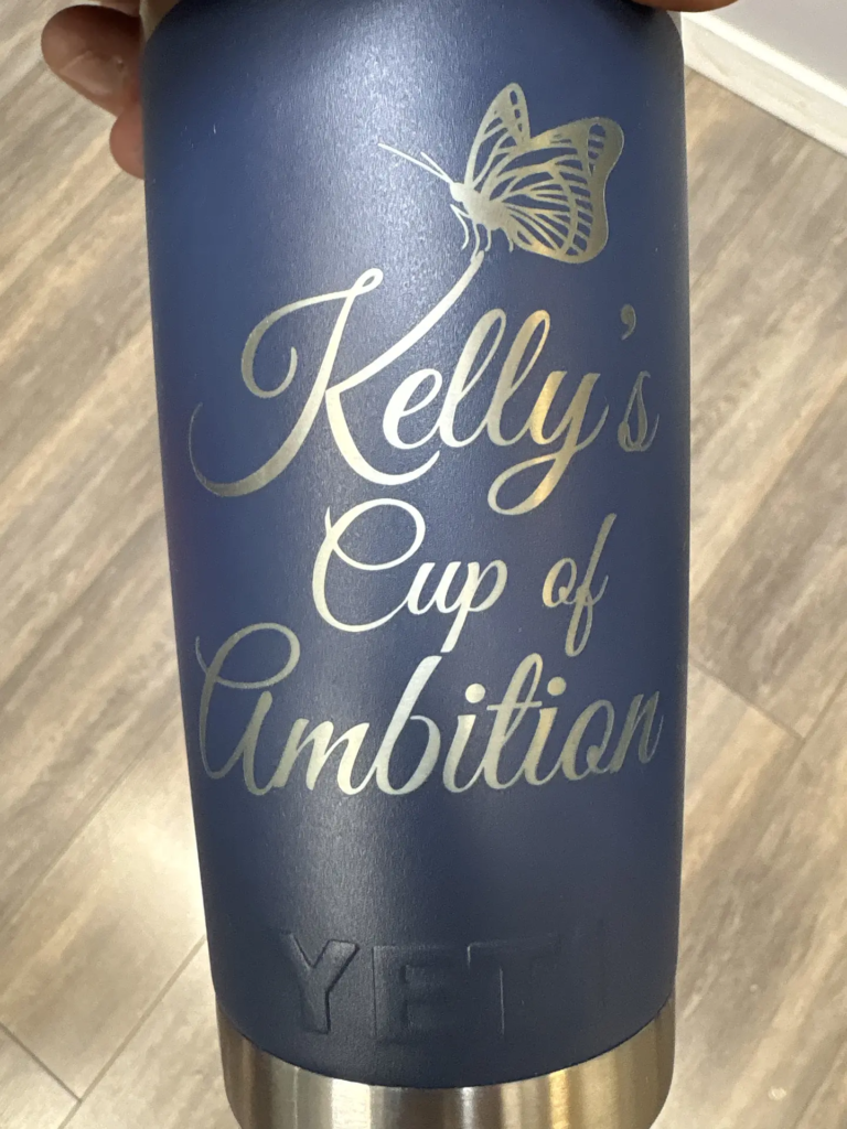 Personalized YETI tumbler engraving with custom text and butterfly artwork in Ottawa