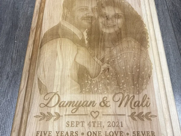 Photo engraving on wood with couple portrait names and anniversary date in Ottawa