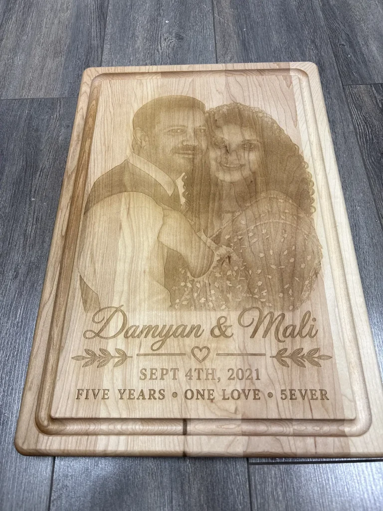 Photo engraving on wood with couple portrait names and anniversary date in Ottawa