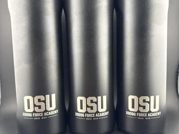 Sports team water bottle engraving on black Owala bottles with matching MVP artwork in Ottawa