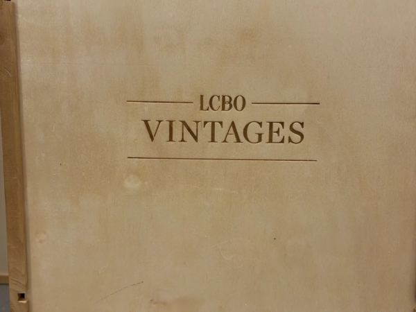 Wooden wine box engraving with LCBO VINTAGES branding in Ottawa