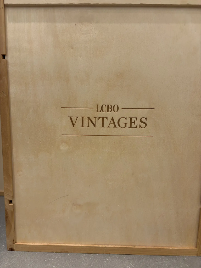 Wooden wine box engraving with LCBO VINTAGES branding in Ottawa