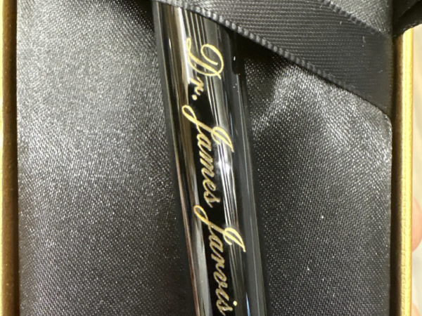 Personalized wooden pen engraving with Dr. Malachie Azémar name and custom presentation case in Ottawa
