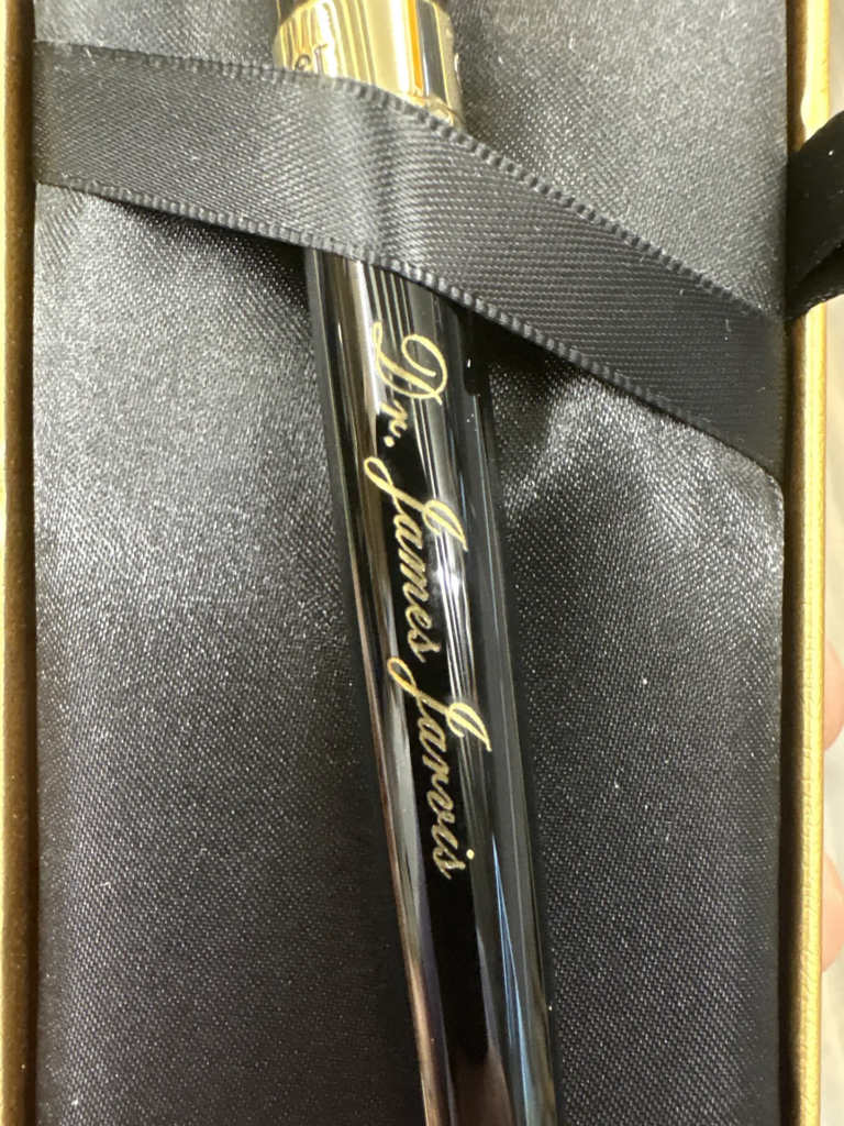 Personalized wooden pen engraving with Dr. Malachie Azémar name and custom presentation case in Ottawa