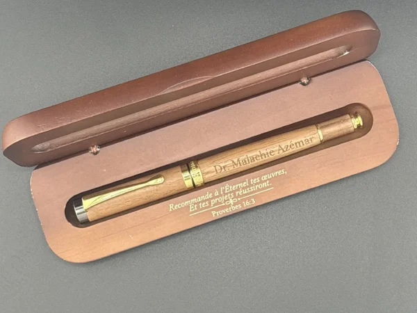 Personalized wooden pen engraving with Dr. Malachie Azémar name and custom presentation case in Ottawa
