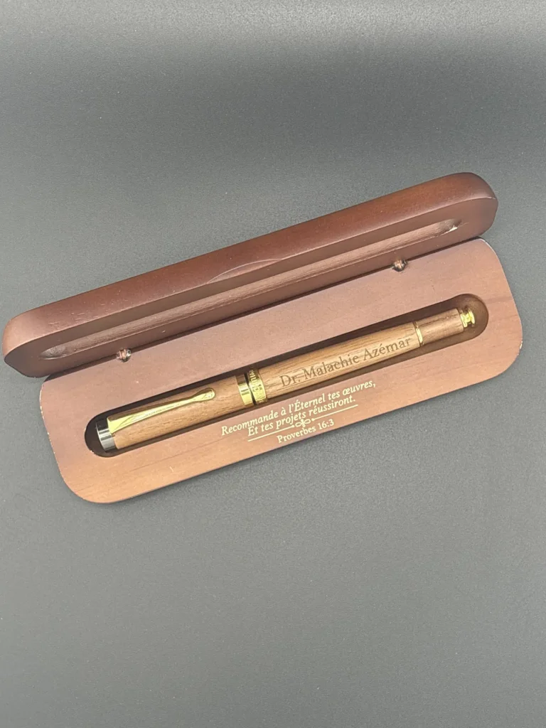 Personalized wooden pen engraving with Dr. Malachie Azémar name and custom presentation case in Ottawa